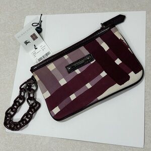 Burberry Burgundy Check Canvas Wristlet Pouch Wallet Leather Trim Zip Clutch